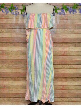 Emily Wonder Strapless Rainbow Stripe Ruffle Maxi Dress Size L Cruise Resort